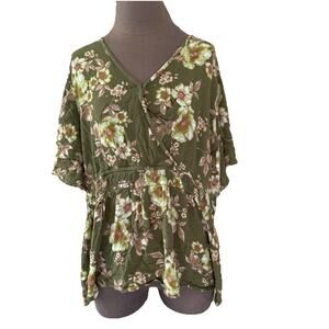 Maurices Womens size 3X Green Floral Surplice Peplum Top Blouse smocked waist